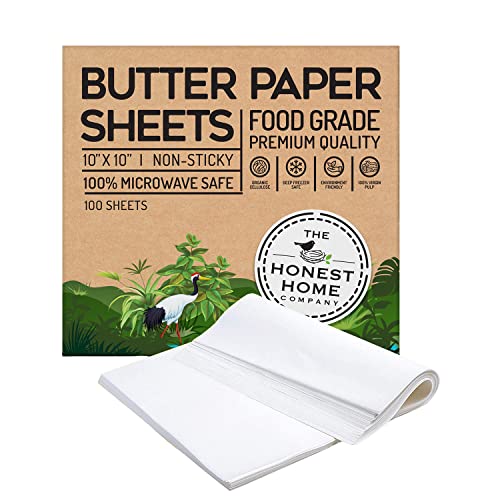 Honest Home Butter Paper Sheets | 100 Sheets | 10x10 Inch | Pre-Cut & Non-Coated | Food Safe & Non-Stick | for Baking and Air Fryer Use