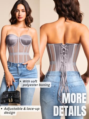 Image of Kaei&Shi Sheer Mesh Overbust Corset,Sexy Strapless Lace Up Satin Bra Corsets Top For Women Shapewear