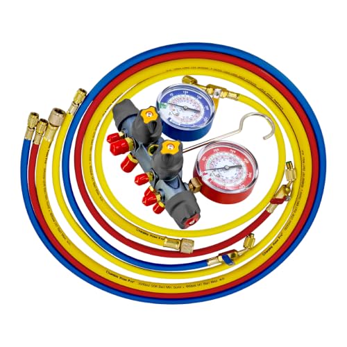 Manómetro de Múltiple de Carga de 4 Válvulas Modelo 46013 con Mangueras de 60 pulgadas para Refrigerantes R404A/R410A/R22 | Juego de Manómetros HVAC y Prueba de 4 Válvulas miniatura 5