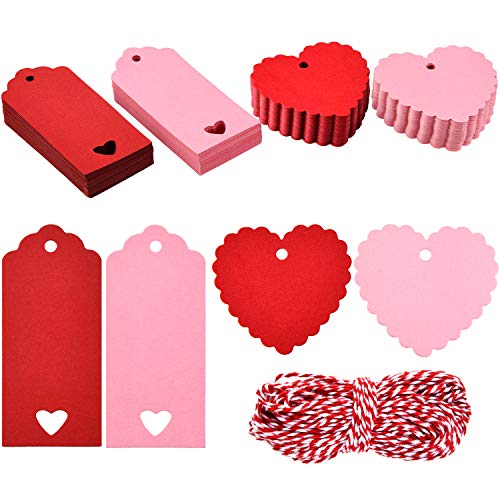 Willbond 200 Pieces Valentine's Day Theme Tags Heart Kraft Paper Hang Name Tags with 65.6 Feet Twines for Valentine's Party Wrapping DIY Supplies(Classic Style)