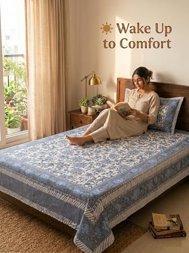 Image of Mafatlal 144 TC Heritage Single Size Flat Bedsheet for Twin Bed (90 x 60 Inches)| with Pillow Cover | Soft & Smooth Printed Bedsheet for Daily Use | Prime Blue