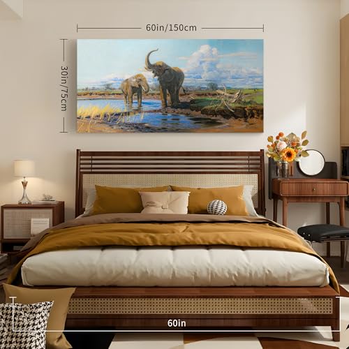 SERIMINO Large Wall Art for Living Room, Animal Elephants Vintage Wall Decor, Grassland Landscape Canvas Prints Paintings, Retro Pictures Home Decor for Bedroom, Farmhouse Bathroom Decor, 30x60 Inch