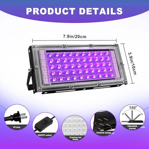 Image of 2 Pack 50W LED Light, uv lamp for Glow Party, Glow in The Dark Party Supplies IP65 Waterproof Black UV Floodlight for Light Party