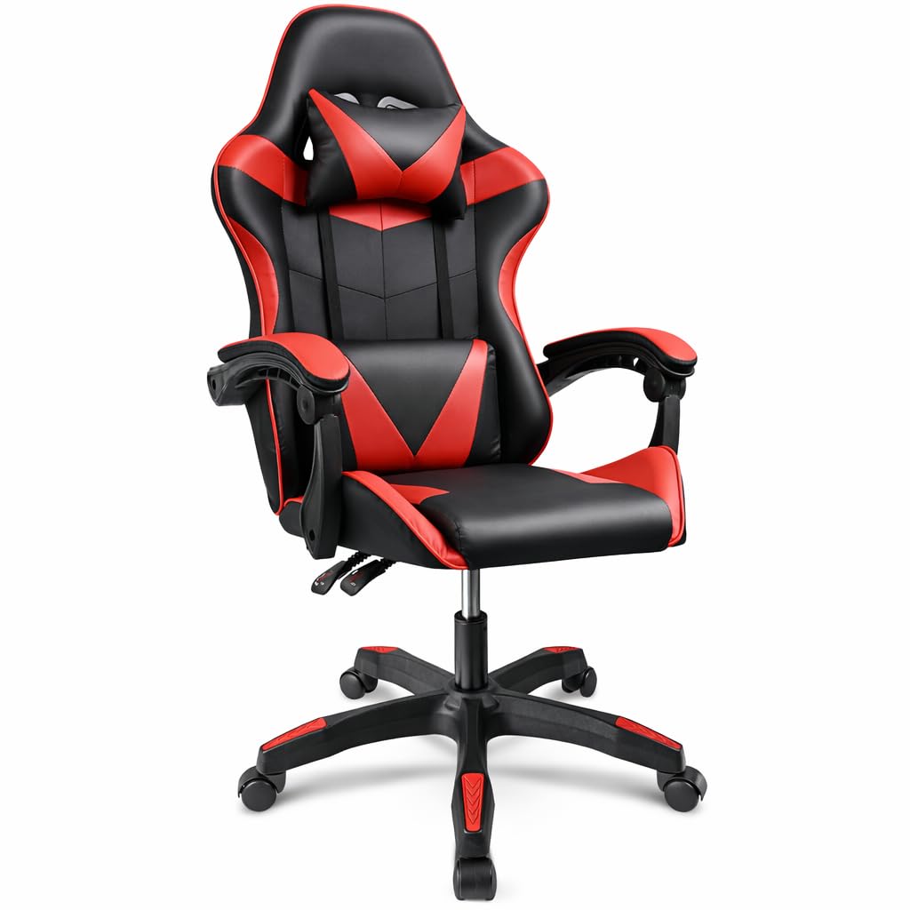 Ergonomic Reclining Gaming Chair with Lumbar and Cervical Cushion | Adjustable Height, Padded Armrests, 360° Wheels | Ideal for Office, Desk, Telework, Study, Gaming, Computer