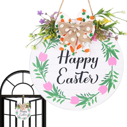 Corona de puerta de Pascua, corona de madera de temporada, letrero de corona de Pascua, letrero de bienvenida de pared rústico elegante, colgador de puerta festivo decorativo para porche, día