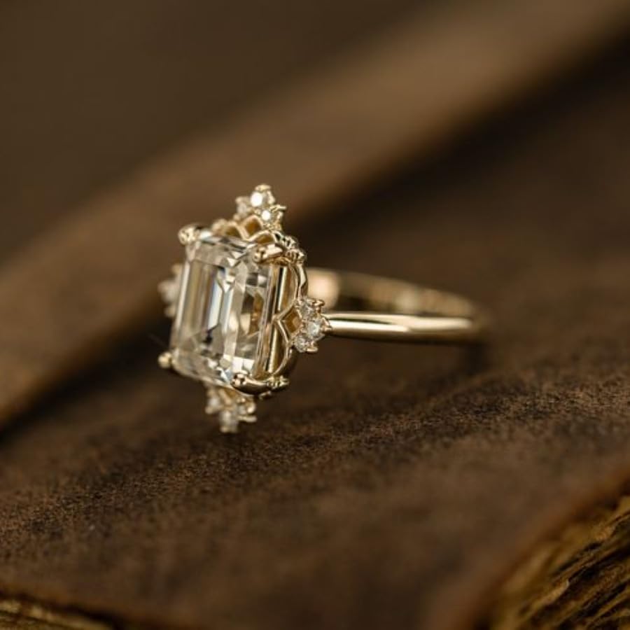 Vintage-Inspired Engagement Ring for Women, Gold-Tone Alloy with Emerald-Cut Simulated Diamond, Antique Style Bridal Jewelry