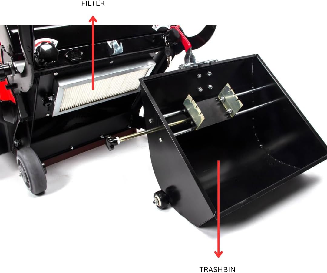 Odpri view of SANITMAX floor sweeper showing the filter and the trashbin