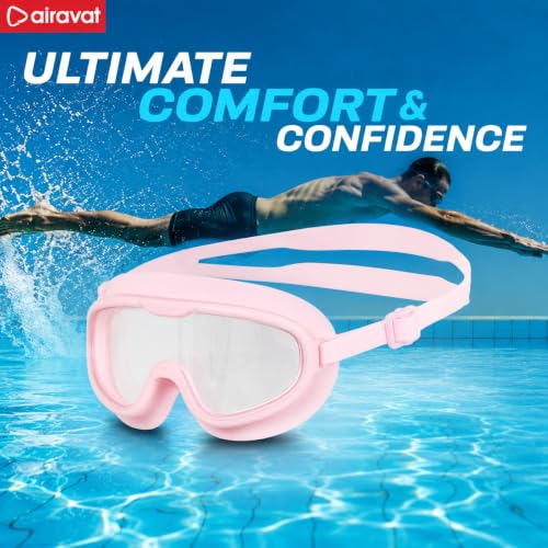 Image of AIRAVAT Macho swimming goggles for Kids Children Teens, polycarbonate goggles, Anti-Fog, Anti-UV, Wide View Swimming Goggles, Free size (Pink)