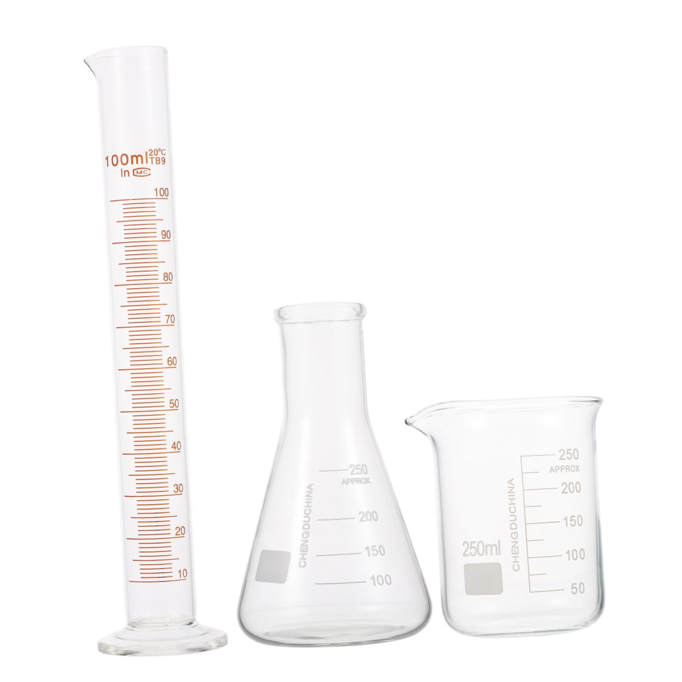 Scientific Experiment Tool Kit with 250ml Beaker, 250ml Conical Flask, and 100ml Glass Graduated Measuring Cylinder for Laboratory and Educational Use
