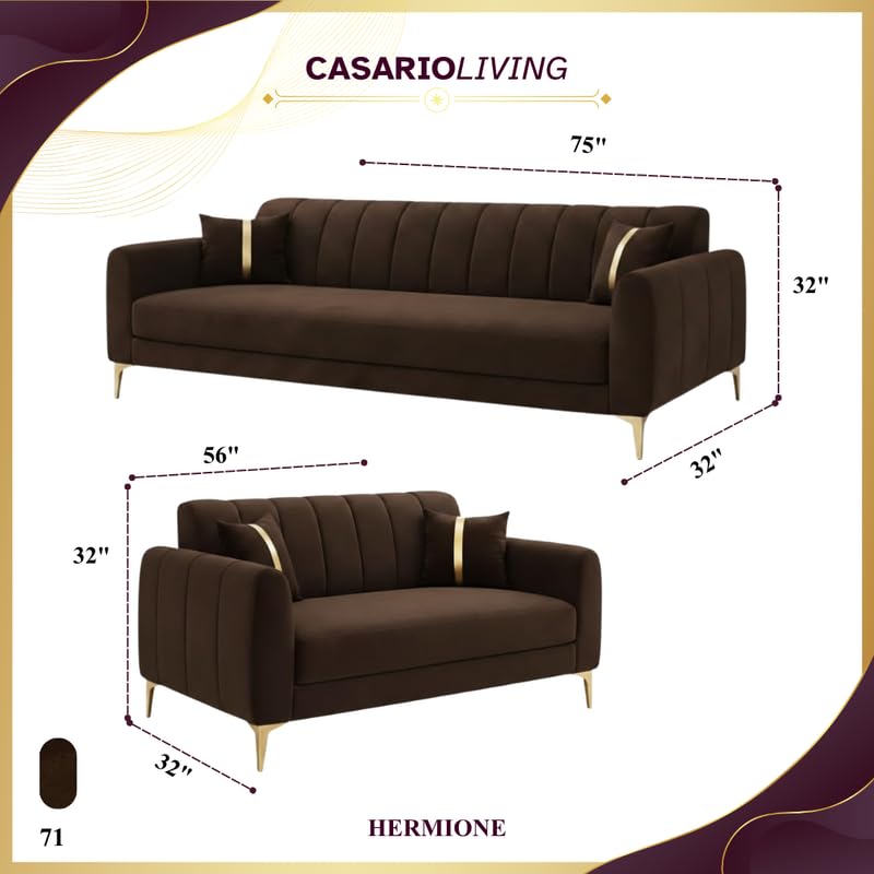 Image of Hermione Luxe Velvet-Suede Fabric 3 Seater + 2 Seater Sofa Set | Golden Legs | Comfortable & Spacious Seating | Modern Sofa Set for Living Room - Dark Brown