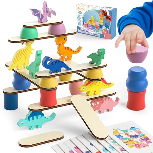 Montessori Dinosaur Toys for 1 2 3 4 Year Old Toddlers, Preschool Education Toys for Ages 2-4 Boys Girls Kids, Wooden Dinosaur Blocks Sorting & Stacking & Balance Toys, Educational Birthday Gift