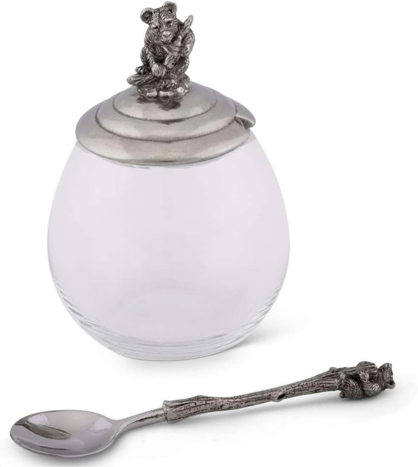 Vagabond House Pewter Little Bear Glass Honey Pot Sugar Bowl Jam Jelly Jar 5 inch Tall 12 oz