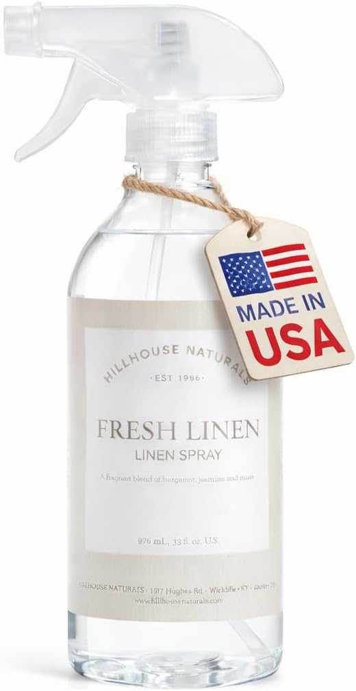 Hillhouse Naturals 1 liter Fresh Linen linen Mist. Aromatherapy Spray for Relaxation and Sleep. With scents of lemon and orange interwoven with bergamot, rose, jasmine and musk. Made in the USA