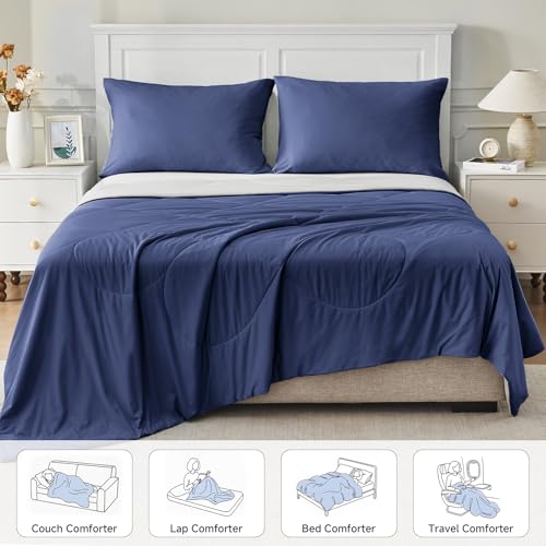Image of HOMFINE Cooling Comforter Japanese Double-Sided Cold Tech Fabric Cooling Blanket for Night Sweats Hot Sleepers, Q-Max 0.45 Soft Breathable Silky Smooth Lightweight Dark Blue Summer Comforter King