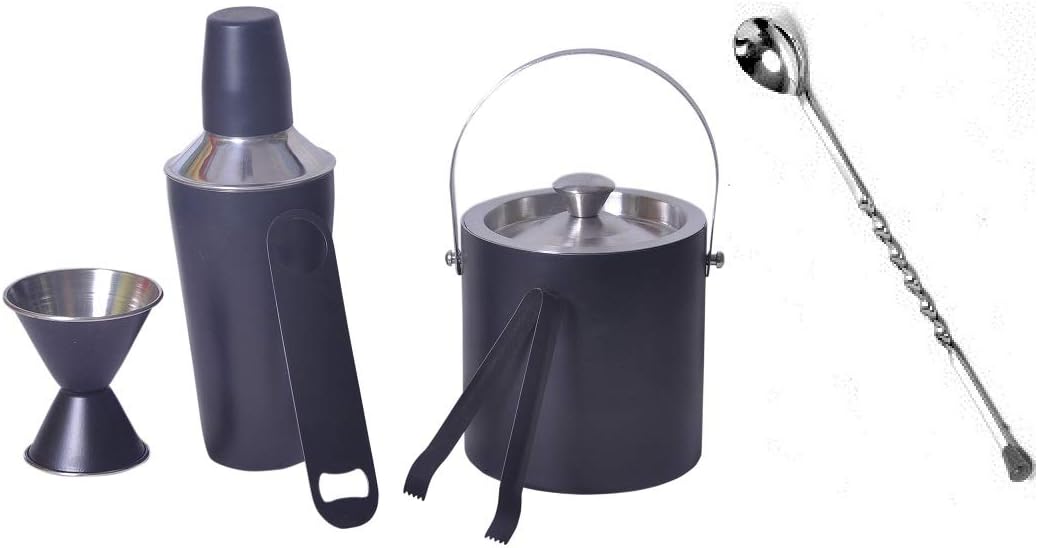 Stainless Steel 6 Pcs Black Bar Set Small- Cocktail Shaker 500ml, Ice Bucket 1000 ml, Peg Measure 30/60 ml, Bottle Opener, Bar Spoon, Ice Tong