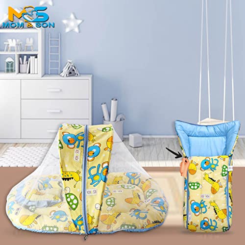 Image of MOM & Son Baby Cotton Bedding Set Mattress with Net & Baby Sleeping Bag (0-3 Months) (Yellow & Green, Single Size)