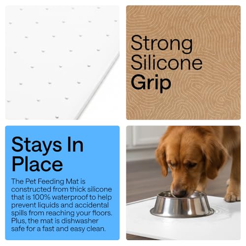 Image of GORILLA GRIP 100% Waterproof Raised Edge BPA Free Silicone Pet Feeding Mat, Dog Cat Food Mats Contain Spills Protects Floors, Placemats for Cats and Dogs Water Bowl, Pets Accessories 23x15 White