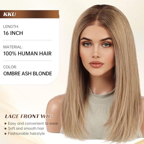 Image of KKU 16 Inch Human Hair Wigs for Women,5x5 Lace Front Wigs Human Hair,wigs for women (Ombre Ash Blonde)