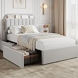 GarveeHome Twin Bed Frame with Storage Headboard, Kids Bed Frame with 2 Drawers, Boucle Upholstered Platform Bed with Bookcase, No Box Spring Needed, Easy Assembly, Grey