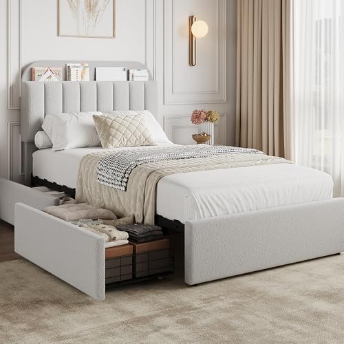 GarveeHome Twin Bed Frame with Storage Headboard, Kids Bed Frame with 2 Drawers, Boucle Upholstered Platform Bed with Bookcase, No Box Spring Needed,