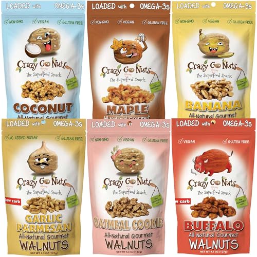 Crazy Go Nuts Sampler Pack - Candied &amp; Salted Walnuts for Snacking, Flavored Snack Packs w/Omega 3 ALA &amp; Vegan Protein - Maple, Banana, Coconut, Buffalo, Garlic Parm &amp; Oatmeal Cookie - 4.5 oz, 6-Pack