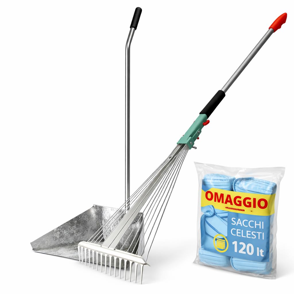 Kit Pulizia Giardino Alzaimmondizia Acciaio Zincato 35x25x76h cm + Scopa per Foglie 15 Denti con Manico Telescopico 80-165 cm, Rastrello Regolabile – LEMAG SRL