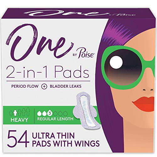 Image of One by Poise Feminine Pads with Wings (2-in-1 Period & Bladder Leakage Pad for Women), Regular, Heavy Absorbency for Period Flow, Light Absorbency for Bladder Leaks, 54 Count (3 Pack of 18)