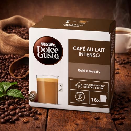 Image of Nescafe Dolce Gusto Cafe Au Lait Intenso Coffee Pods (Pack of 3),160g Box - Bold & Roasty Coffee with Creamy Milk, Premium Coffee Pods Compatible with Dolce Gusto Machines 16 Capsules Each Box, Smooth Cafe Style Beverage - (Imported-UK)