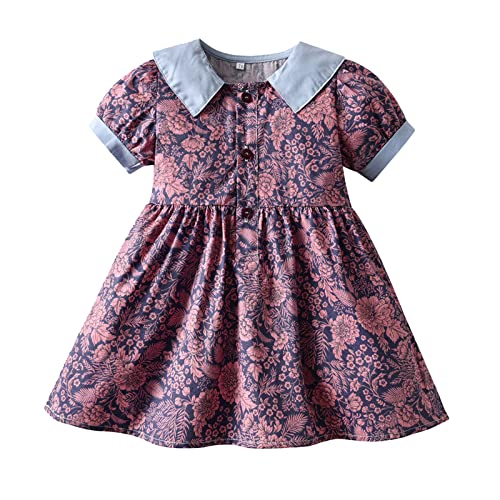Frocks Kids Toddler Baby Girls Spring Summer Floral Cotton Short Sleeve Princess Dress Clothes Girls Smocked Christmas Dress (B-Purple, 3-4 Years)