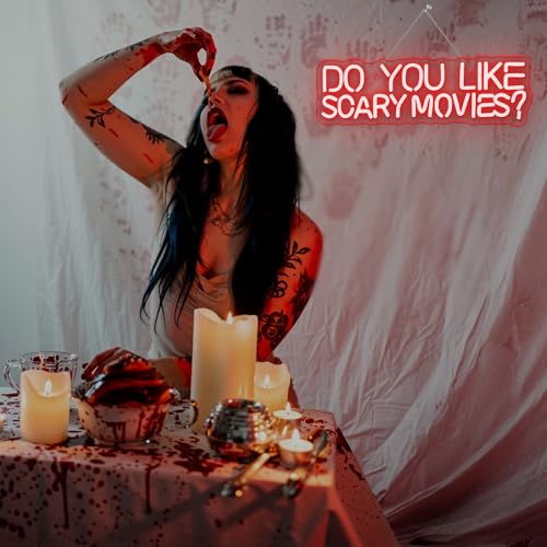 Image of Do You Like Scary Movies Neon Sign Horror Cinema Neon Signs for Wall Decor LED Night Light for Escape Room Bar Club Party Teen Boy Man Cave Game Gothic Halloween Decoration