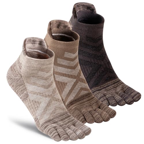 BATTLEDEER Merino Wool Toe Socks Enhanced Breathability Thick Cushion Warm Hiking Five Finger Ankle Socks For Men Women 3 Pairs (US Alpha Large Regular Regular Brown)