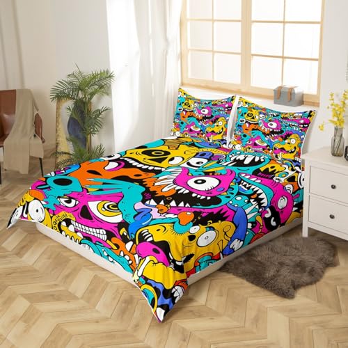 Graffiti Style Bedding Set for Kids Boys Teens Hip Hop Duvet Cover 2 Pieces 135 x 200cm & 2Pillowcase Colorful Hippie Soft Microfiber Graffiti Wall Art Design Comforter Cover with Zipper - Image 2