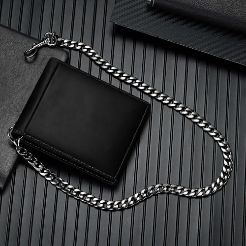 Image of Genuine Leather Wallet for Men with Chain: RFID Blocking Men's Wallet with Anti-Theft Chain - Biker Wallets with 2 ID Card Window Holds 12+ Cards - Minimalist Wallets for Motorcycle Riding Hiking