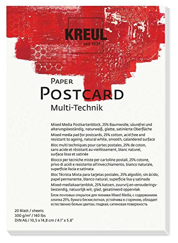 Kreul 69031 - Paper Postcard, DIN A6, 300 g/QM, 20 Feuilles, sans Acide et résistant au vieillissement, Blanc Naturel, pour Les Techniques Mixed Media Fine Art