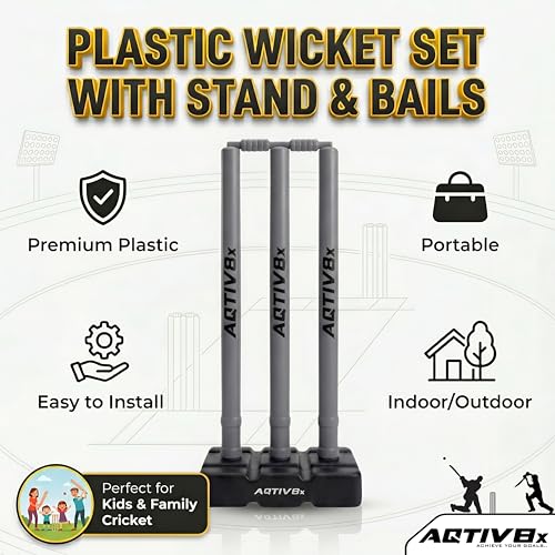 Image of Plastic Cricket Wicket Set Full Size with 1 Base, 2 Bails & 3 Wickets (Grey)