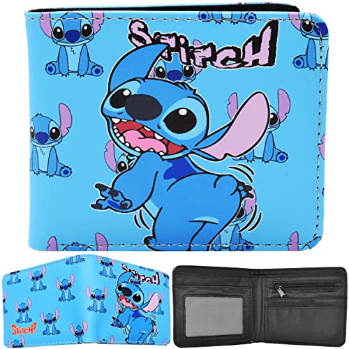 simyron Portefeuille Lilo et Stitch Lilo Stitch Portefeuille en Cuir pour Enfants Bleu Stitch Portefeuille Court à Deux Volets Cadeau d'anniversaire pour Les Fans de Lilo et Stitch Garçons Filles