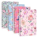 Zuimei A5 Spiral Notebooks Bound 4 Pack Hardcover Notebook 160 Pages Hardback Ruled Lined Journal Cute Notepad, Waterproof Notebook for Girls Student Office School Supplies(Pink Flower)