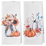 Hordely Fall Kitchen Towels Decor Thanksgiving Gifts for Women, Pumpkin Sunflower Kitchen Dish Hand Tea Towels, 15.35' x 23.62' Autumn Decoration Towel for Bathroom Indoor Set of 2, Style B