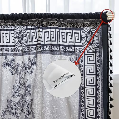 Image of Black Medallion Curtains 63 Inches Long, Boho Farmhouse Light Filtering Rod Pocket Drapes with Tassel Trim for Bedroom Living Room, 2 Panels