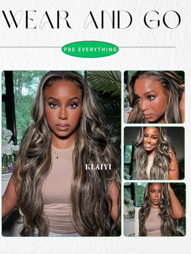Image of KLAIYI Bye Bye Knots Glueless Wig Human Hair 13x4 Balayage Highlight 3D Body Wave Precut Lace Front Wig with Baby Hair Black Mix Blonde Brown Pre Plucked Pre Bleached Knots Wig 30S Easy to Wear 22Inch