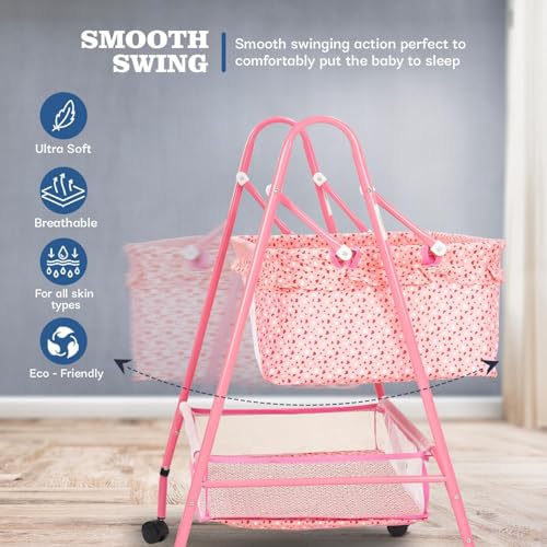 Image of BAYBEE Clora Baby Cradle and Swing with Mosquito Net | Jhula Palna for Newborns | 360 Rotating Lockable Wheels & Storage Basket | Pink