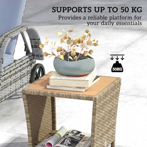 Outsunny 2-Tier PE Rattan Side Table with Storage Shelf, Square Outdoor Coffee Table with PS Wood Slat Top, UV-Resistant for Patio, Garden, Balcony, Khaki 6 Outsunny 2-Tier PE Rattan Side Table with Storage Shelf, Square Outdoor Coffee Table with PS Wood Slat Top, UV-Resistant for Patio, Garden, Balcony, Khaki - Image 6