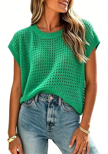 Image of Womens Crochet Tops Cap Sleeve Summer Sweater Crew Neck Beach Cover Ups Lightweight Knit Pullover