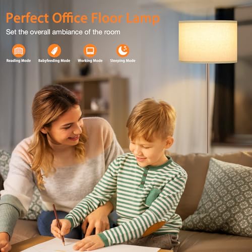 Image of Ambimall Floor Lamps for Living Room with Remote Control and Stepless Dimmable Colors Temperature & Brightness, 9W Bulb Included(Beige Lampshade & Brown Pole)