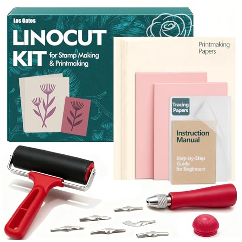 Lino Printing Kit Linocut Kit: Lino Cutting Set with Rubber Blocks Brayer Linoleum Cutters Tracing Papers & Starter Instructions - Hobby Craft Gift for DIY Art Project Beginners(No Ink)