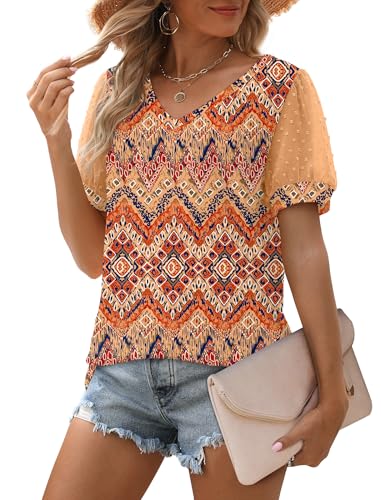 Image of Aokosor Womens Summer Tops V Neck T Shirts Swiss Dot Puff Sleeve Tops Loose Casual Tshirts