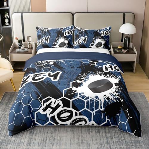 Erosebridal Hockey Sport 100% Organic Cotton Duvet Cover Queen, Honeycomb Theme Gamer Comforter Cover, Black Blue Hockey Plaid Patchwork Bedspread Cover, Splash Fierce Quilt Cover for Teens Boys
