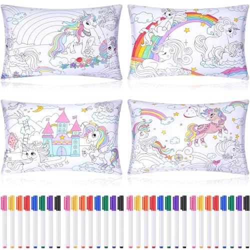 Mindsoft 4 Pcs Unicorn Coloring Pillowcase with 12 Pcs Markers Color Your Own Pillowcase Kit for Coloring Craft Decoration Supplies, 28.7 x 19.7 Inch
