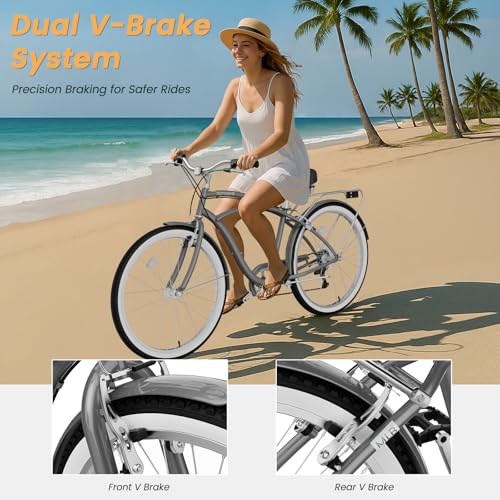 Image of MOONCOOL Beach Cruiser Bike for Women and Men, 24 /26 Inch 7-Speed Adult Bicycle, Comfortable Step-Through Frame with Rear Rack, Classic City Cruiser