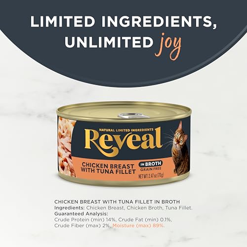 Image of Reveal Chicken & Tuna in Broth Grain Free Wet Cat Food 24-Pack 2.47 oz Cans | 100% Natural, High Quality Protein, Limited Ingredient, Grain Free, No Fillers, No Artificial Additives, No By-Products
